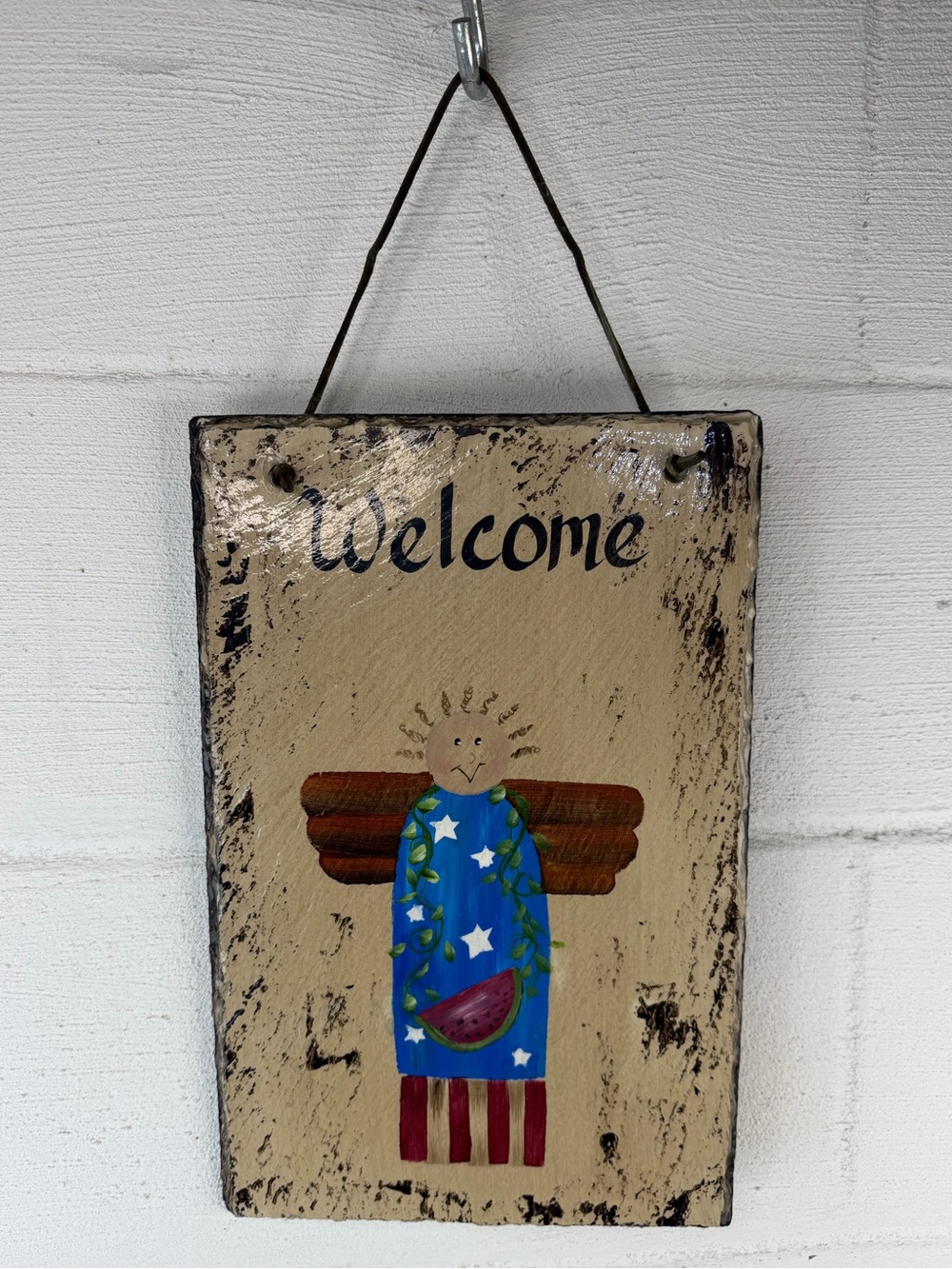 Kaufman’s Kountry Accents Folk Art Americana Angel Slate Welcome Sign